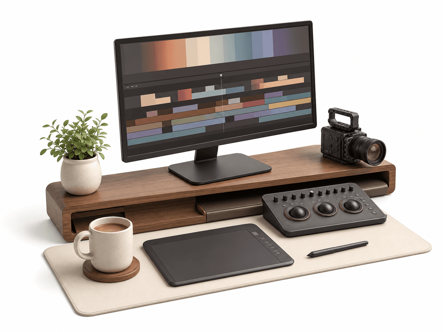 FourFeetz AI studio with editing monitor tablet camera controller and coffee
