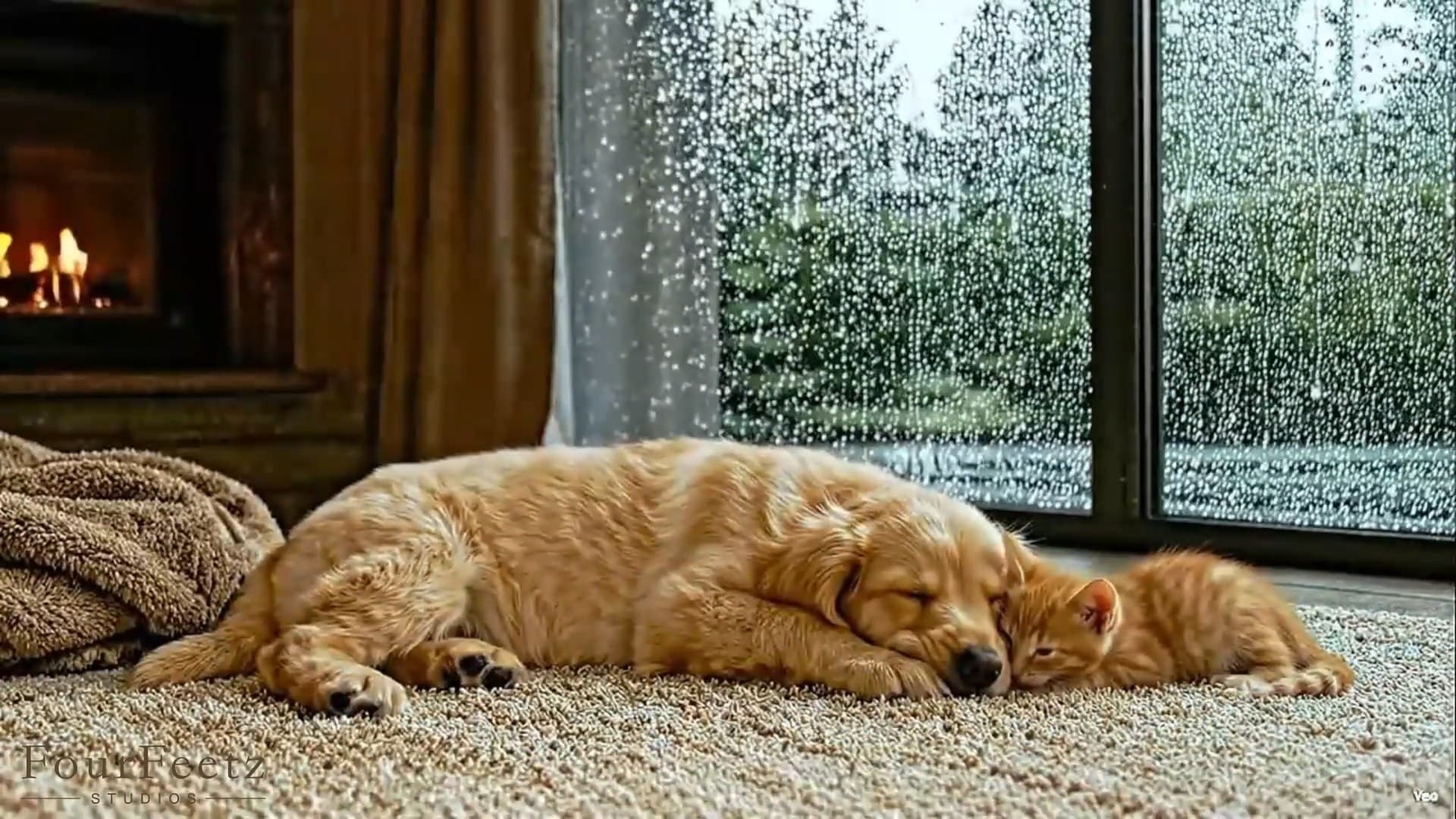 강아지를 위한 편안한 음악 🐶 빗소리와 벽난로 옆에서 잠든 강아지와 아기 고양이